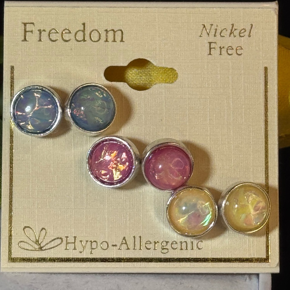 Freedom 3 Pairs Silver Tone Post Earrings Blue White and Pink Earrings